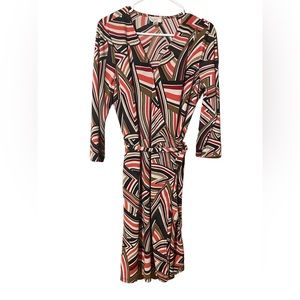 Loft Faux Wrap Dress Women’s Size 14 Multicolor Geometric Print Midi 3/4 Sleeve